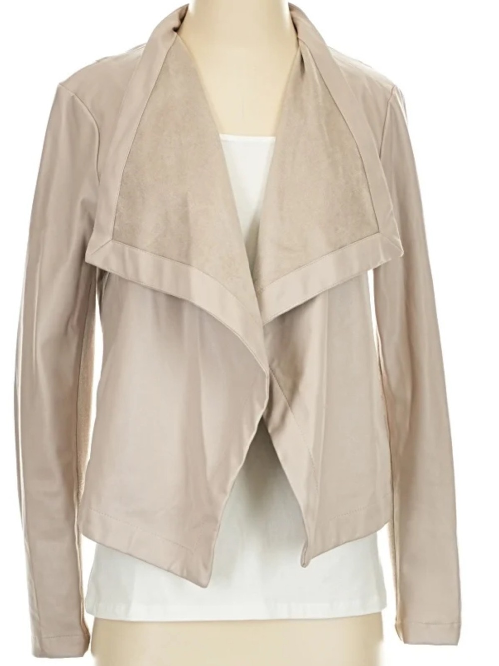 BB Dakota Light Taupe Draped Open-Front Leather Jacket